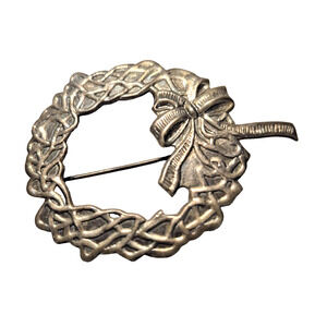 Silver Celtic Wreath Brooch Pin with Bow Design 2" Long